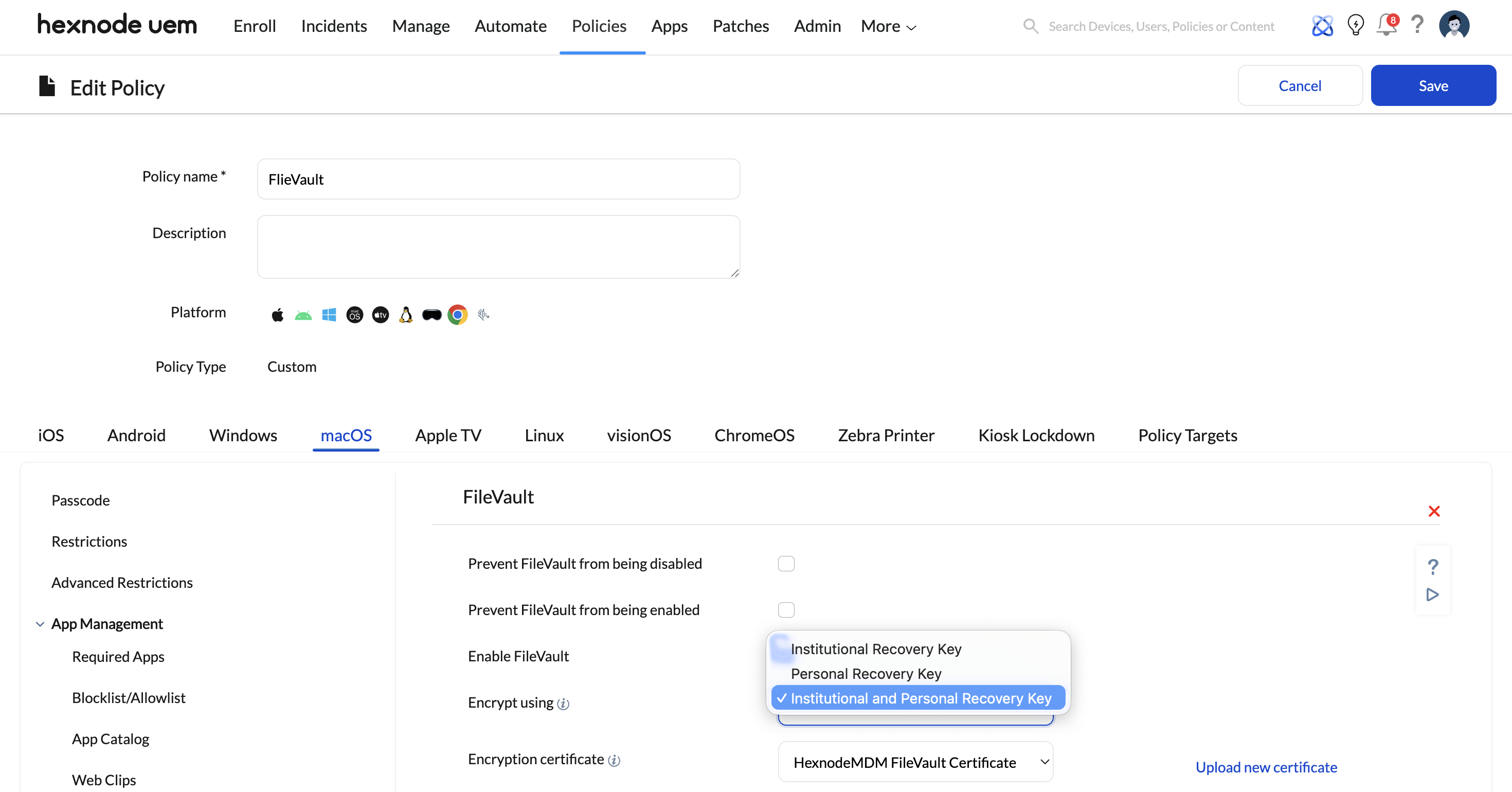 Screenshot of Hexnode UEM dashboard showing the FileVault encryption options in the FileVault policy configuration.
