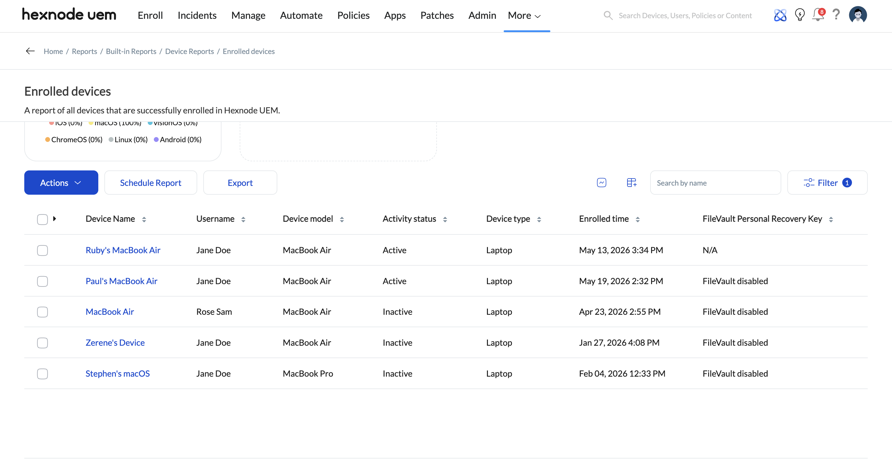 Screenshot of Hexnode UEM dashboard showing the FileVault Personal Recovery Key status under Reports--Device Reports--Enrolled Devices