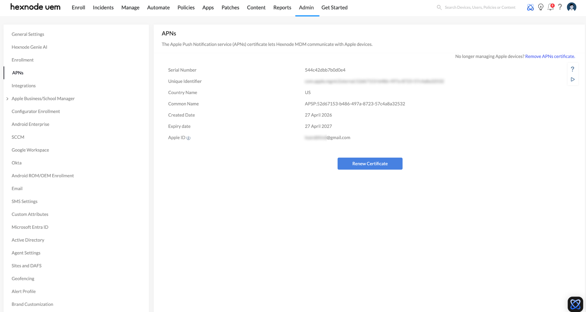 Configure APNs Certificate to Prevent MDM Enrollment Failures in Hexnode UEM Screenshot of the Hexnode UEM console showing the APNs section under the Admin tab. The page displays a successfully configured Apple Push Notification service (APNs) certificate, which is an essential requirement to Prevent MDM Enrollment Failures for Apple devices.