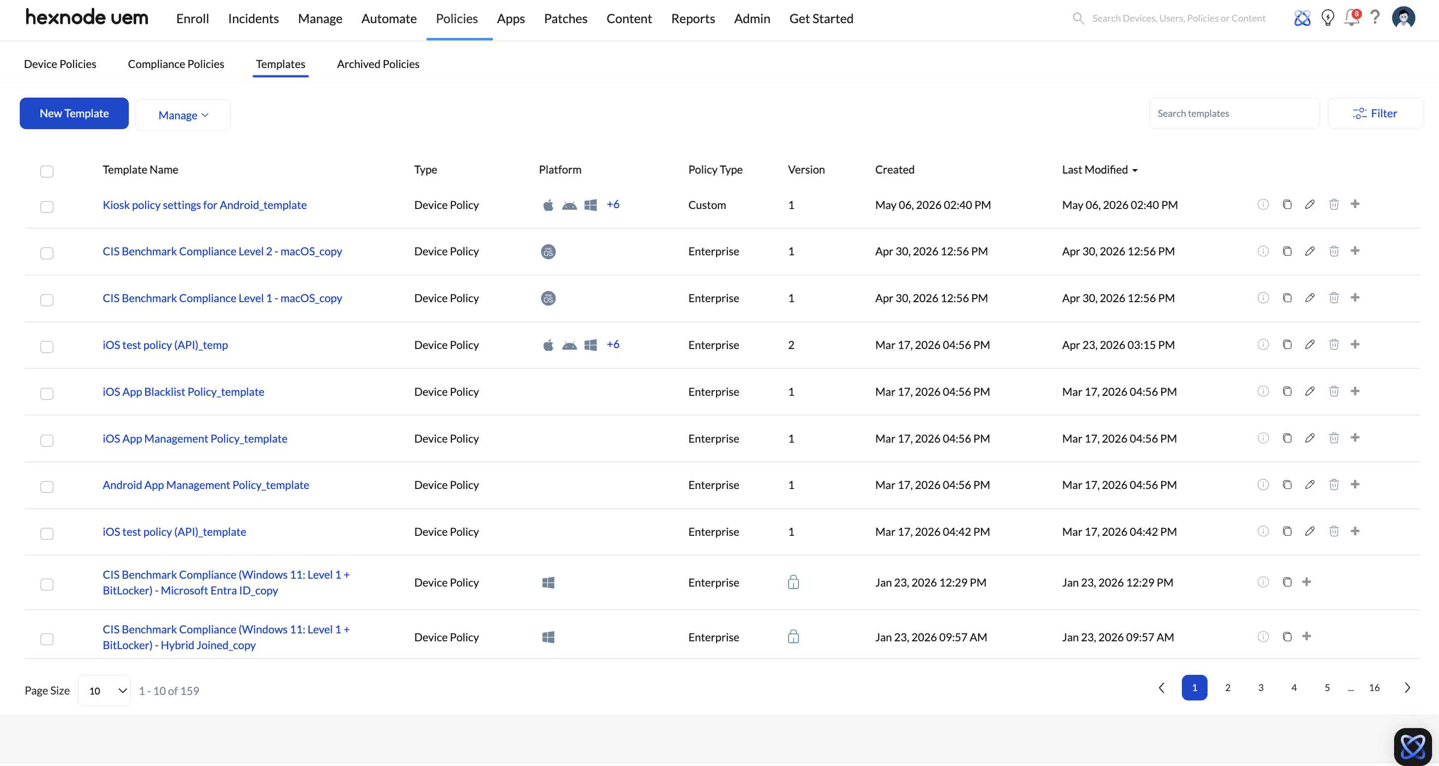 Configure Policy Templates to Prevent MDM Enrollment Failures in Hexnode UEM Screenshot of the Hexnode UEM console showing the Templates section under the Policies tab. This interface allows administrators to set up and apply pre-configured compliance requirements and baselines to devices to help Prevent MDM Enrollment Failures.