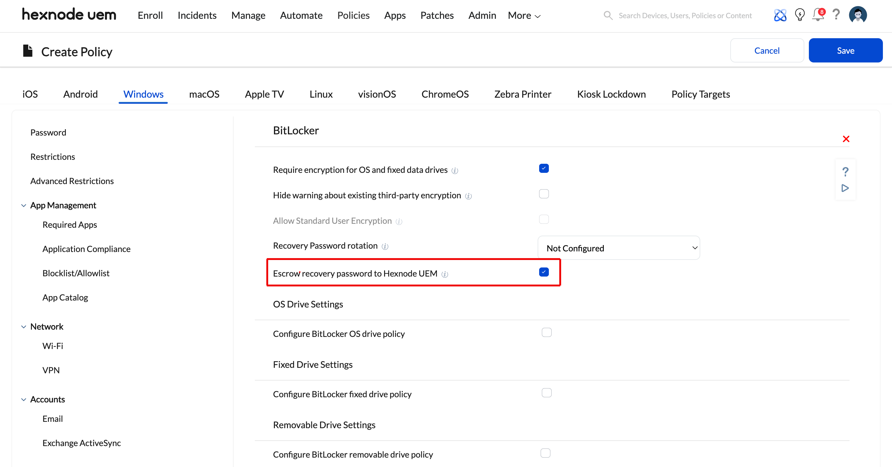 Screenshot of Hexnode UEM dashboard showing the Escrow recovery password option in BitLocker policy configuration.