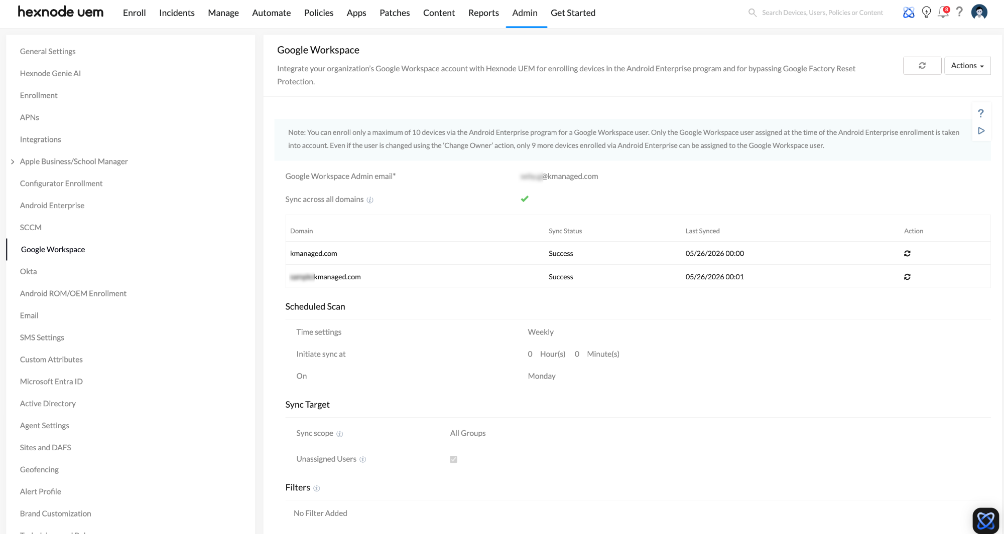 Integrate Google Workspace to Prevent MDM Enrollment Failures in Hexnode UEM Screenshot of the Hexnode UEM console displaying the Google Workspace integration settings under the Admin tab. Properly configuring these directory service settings ensures users are authenticated correctly, helping to Prevent MDM Enrollment Failures.