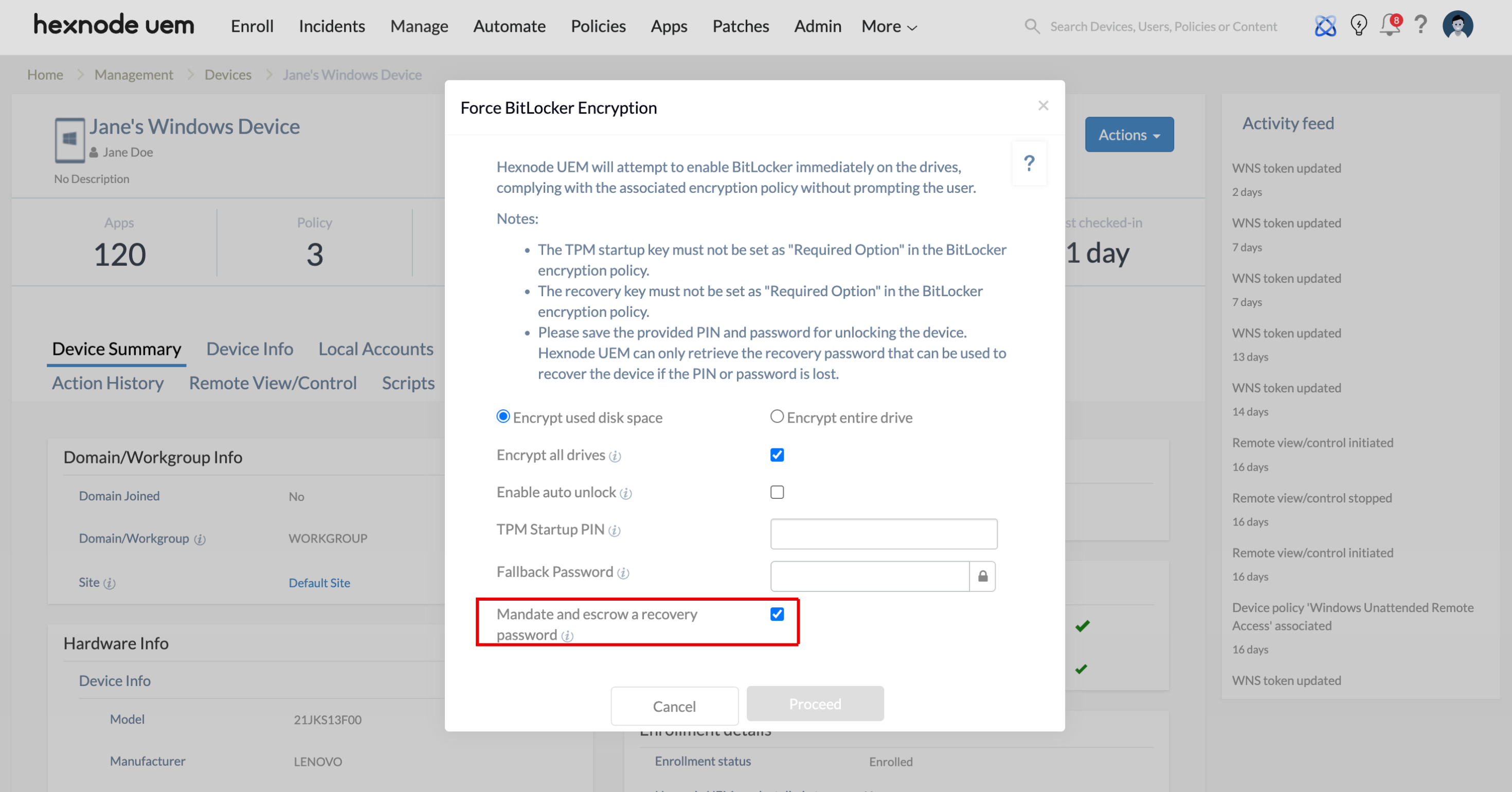 Screenshot of Hexnode UEM dashboard showing the Mandate and escrow recovery password option in Force BitLocker Encryption remote action.