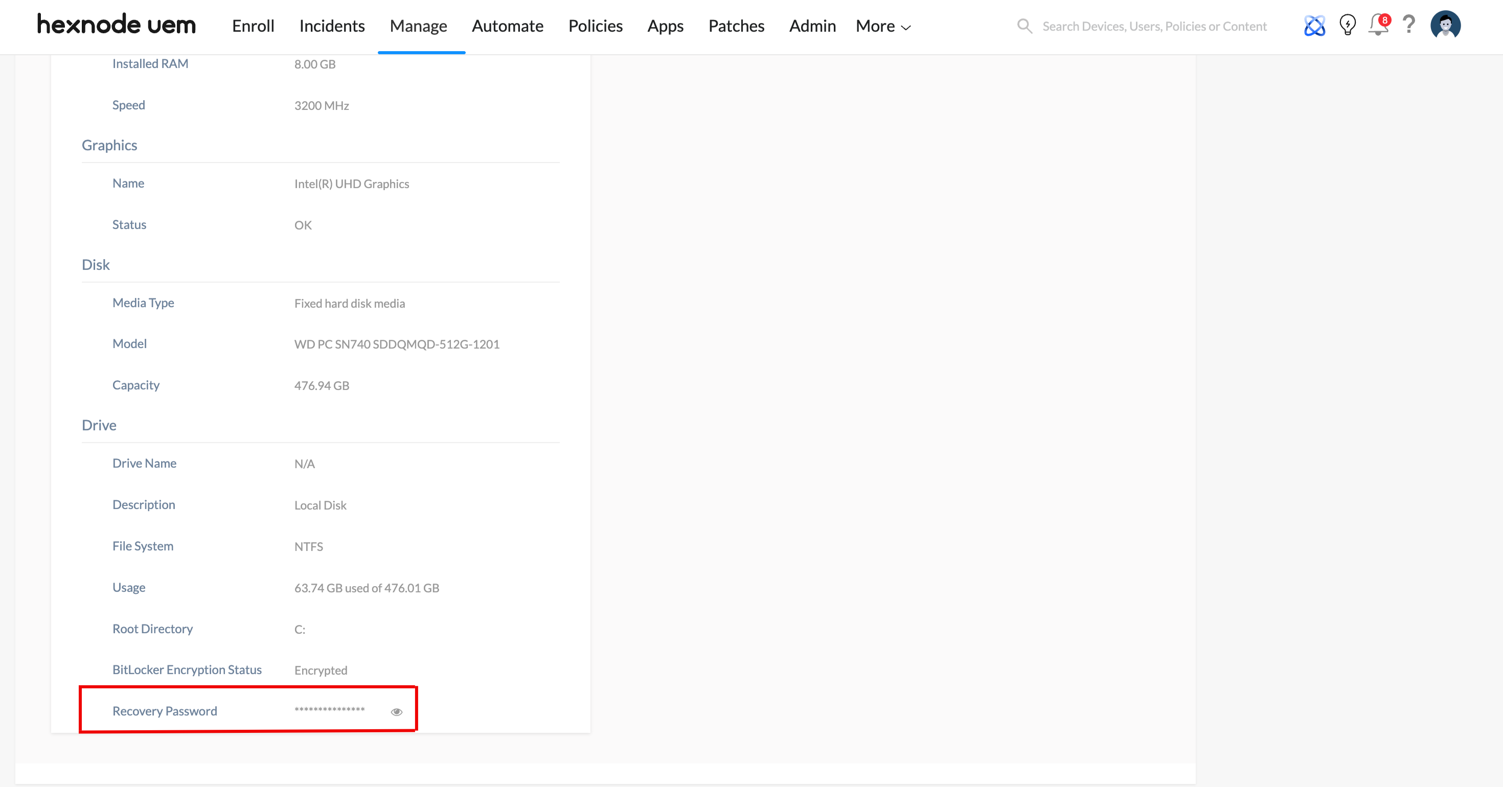 Screenshot of Hexnode UEM dashboard showing the escrowed recovery password in the Device Summary page.