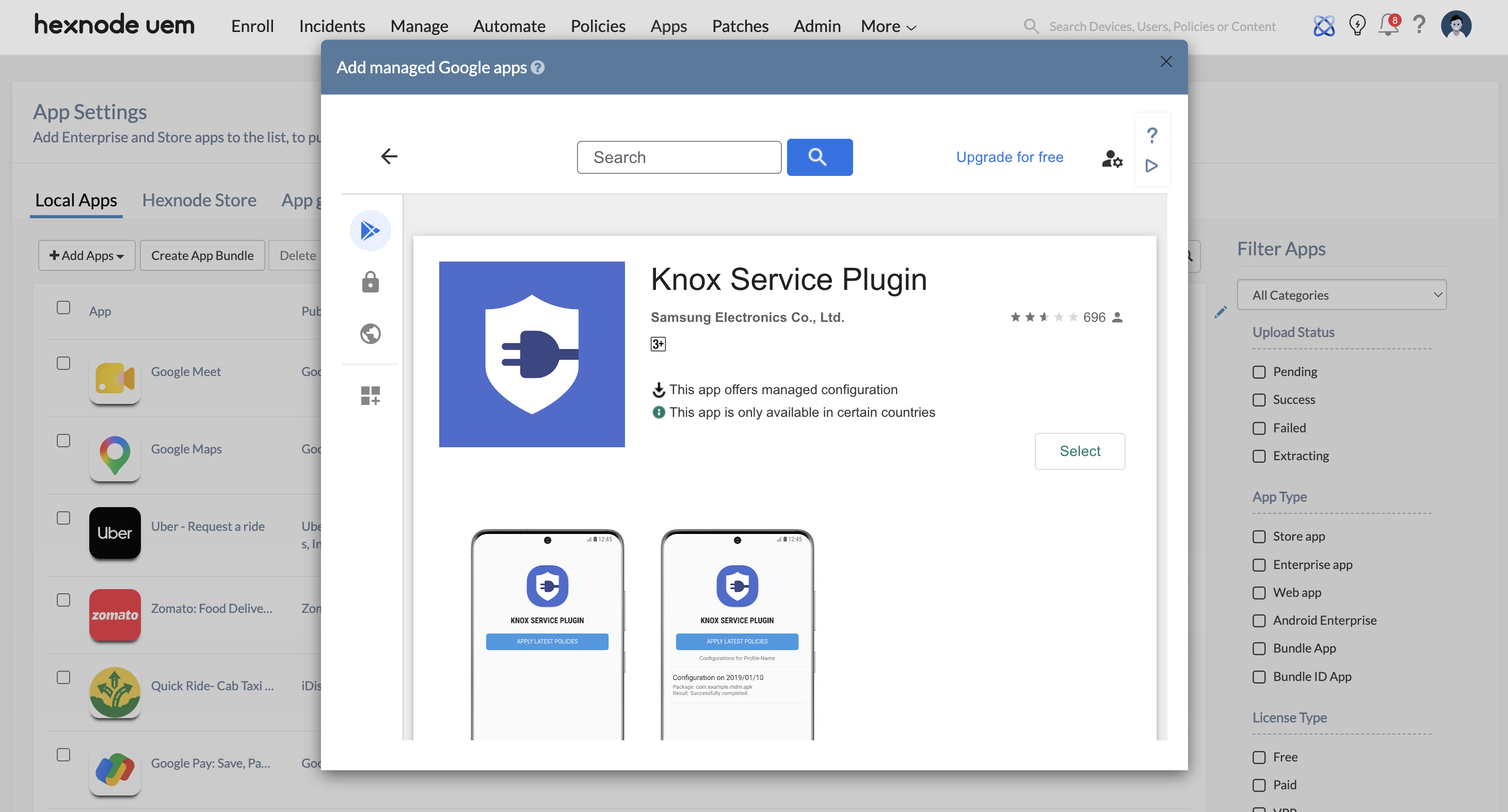 Adding Knox Service Plugin as a Managed Google Play App in Hexnode UEM Screenshot of the Hexnode UEM portal displaying the Apps tab. The interface illustrates the process of adding a new Managed Google Play App by searching for and selecting the official Knox Service Plugin application published by Samsung Electronics Co., Ltd.