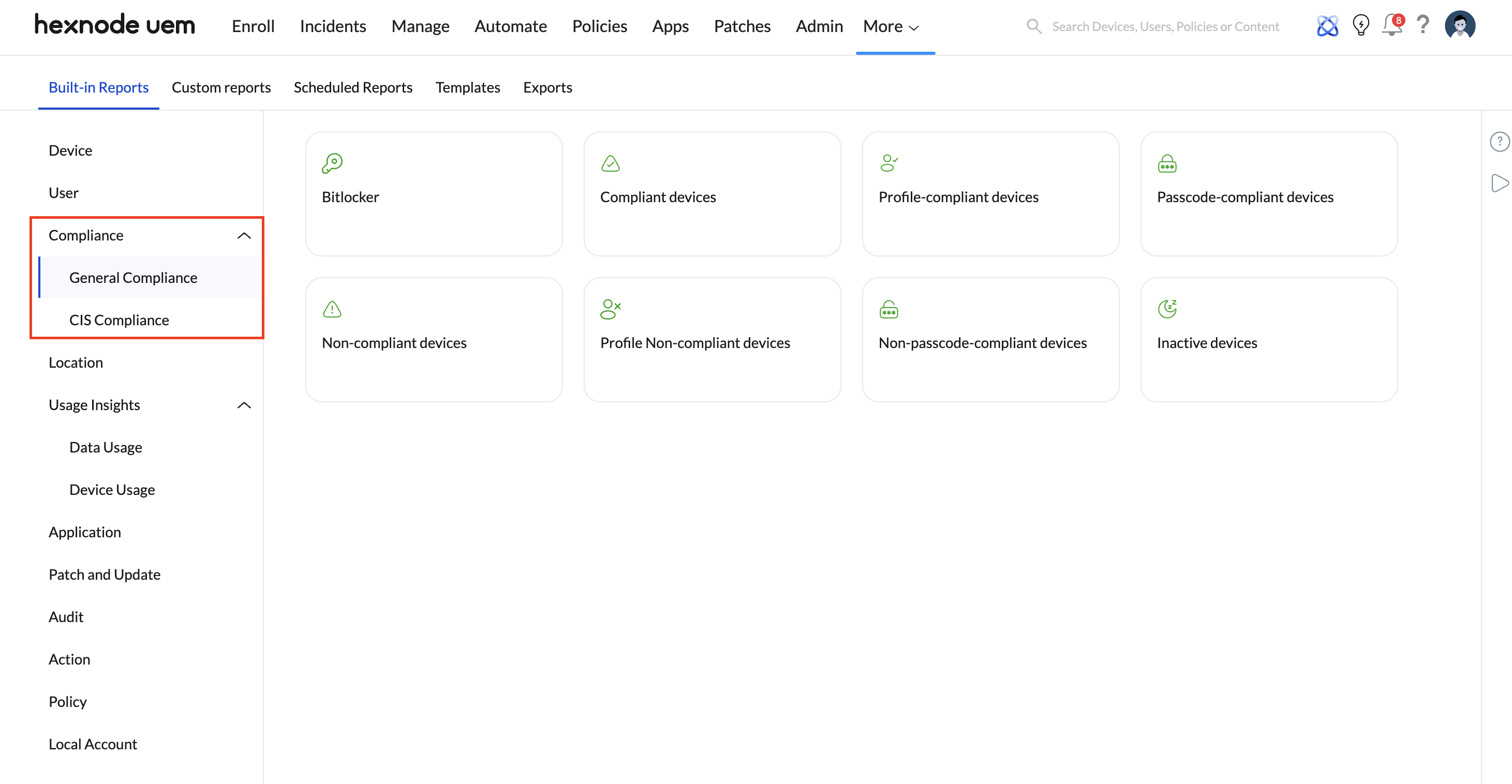 Compliance Reports for analyzing effective policies in Hexnode UEM Screenshot of the Hexnode UEM console showing the Compliance reports located within the Built-in Reports section of the Reports tab. Reviewing these compliance metrics provides IT administrators with essential insights for analyzing effective policies in Hexnode and ensuring organizational security standards are met.