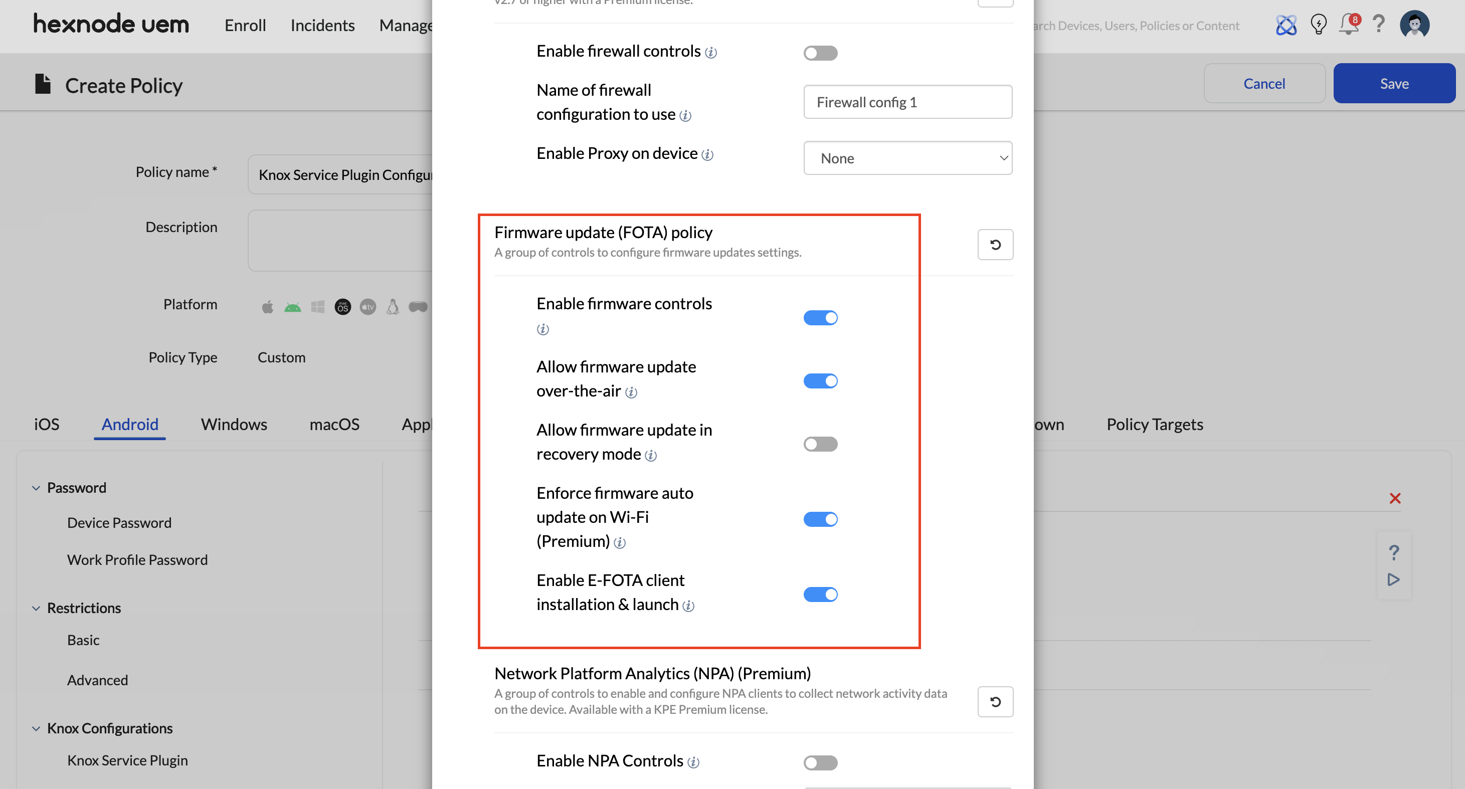 Configuring the Firmware Update (FOTA) Policy within the Knox Service Plugin in Hexnode UEM Screenshot of the Hexnode UEM console illustrating the App Configurations settings for an Android custom policy. The screen focuses on the dynamic OEMConfig schema for the Knox Service Plugin, specifically highlighting the key properties being configured to establish and enforce the Firmware Update (FOTA) policy for Samsung devices.