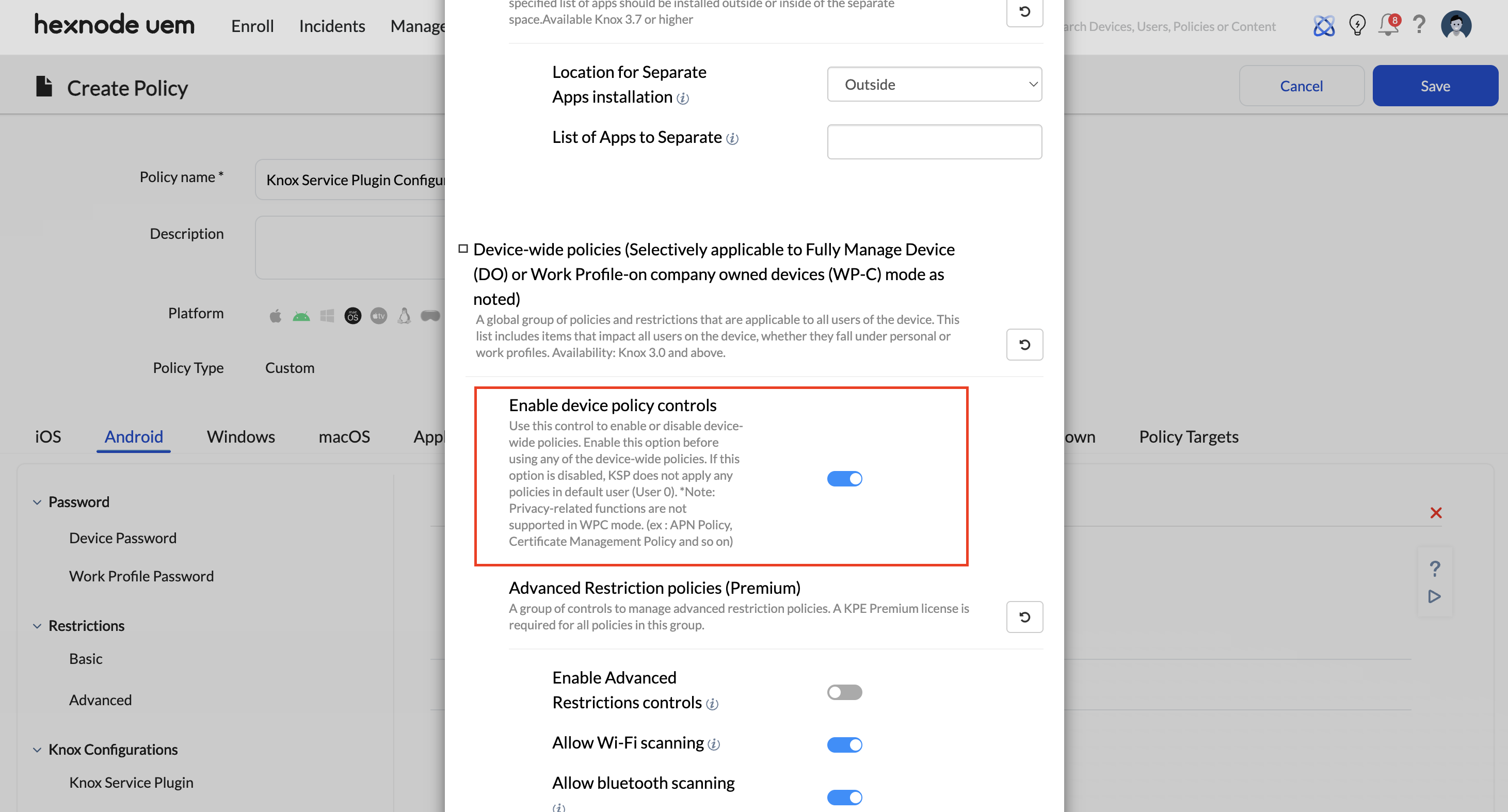 Configuring the Knox Service Plugin to Enable Device Policy Controls in Hexnode UEM Screenshot of the Hexnode UEM console showing the App Configurations section under Android App Management within a newly created custom policy. The interface displays the dynamic OEMConfig schema rendered for the Knox Service Plugin, highlighting the adjustment of key properties required to enable device policy controls.