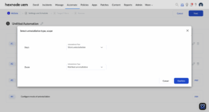 Screenshot of App uninstallation action under Automate tab in Hexnode UEM displaying the window to select the uninstallation type as silent or notified.