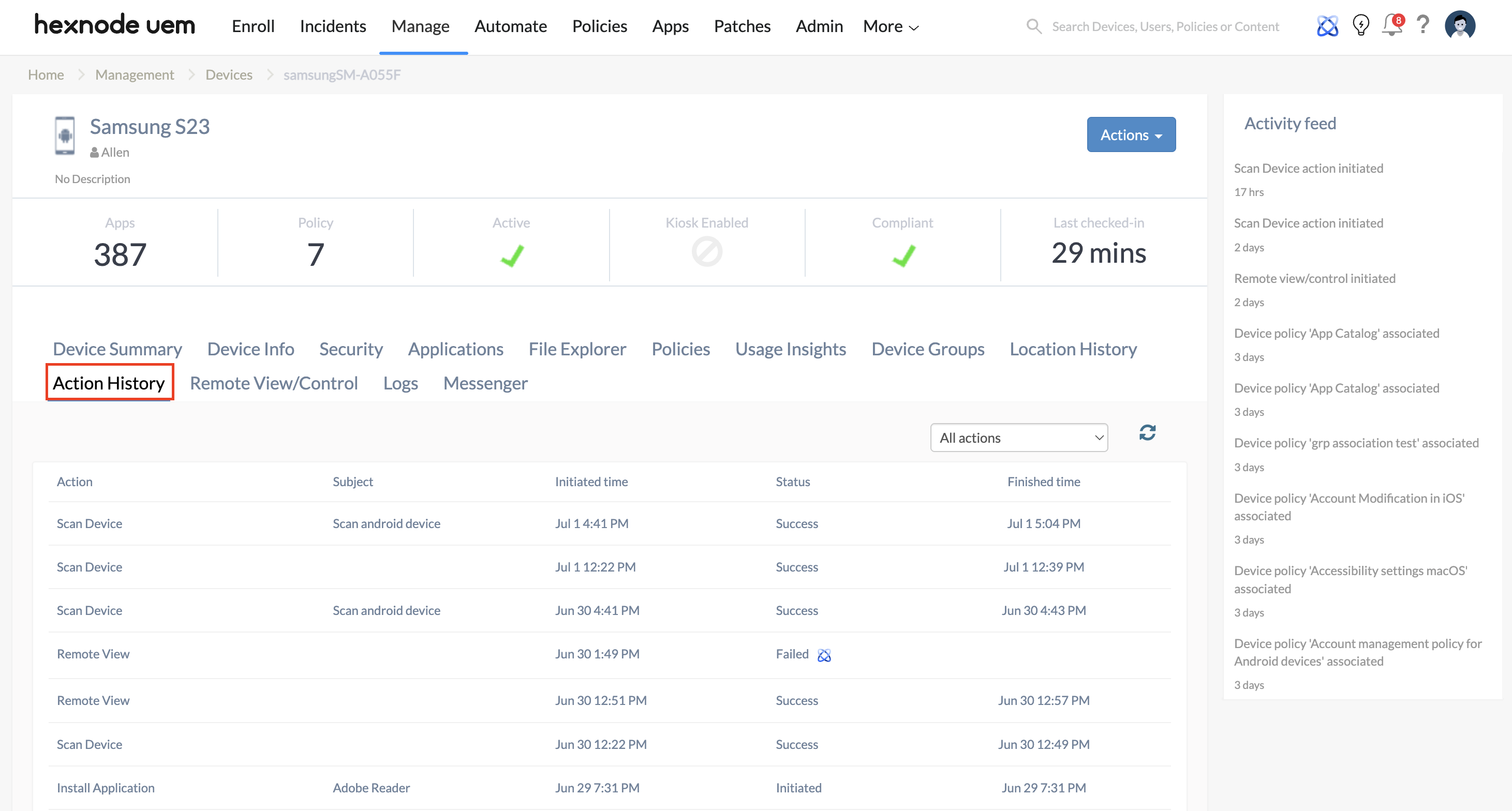 Device Action History for analyzing effective policies in Hexnode UEM Screenshot of the Hexnode UEM console displaying the Action History sub-tab on a specific device's summary page. Accessed from the Devices list under the Manage tab, this historical log provides critical timeline context for analyzing effective policies in Hexnode by tracking all executed commands and applied configurations.