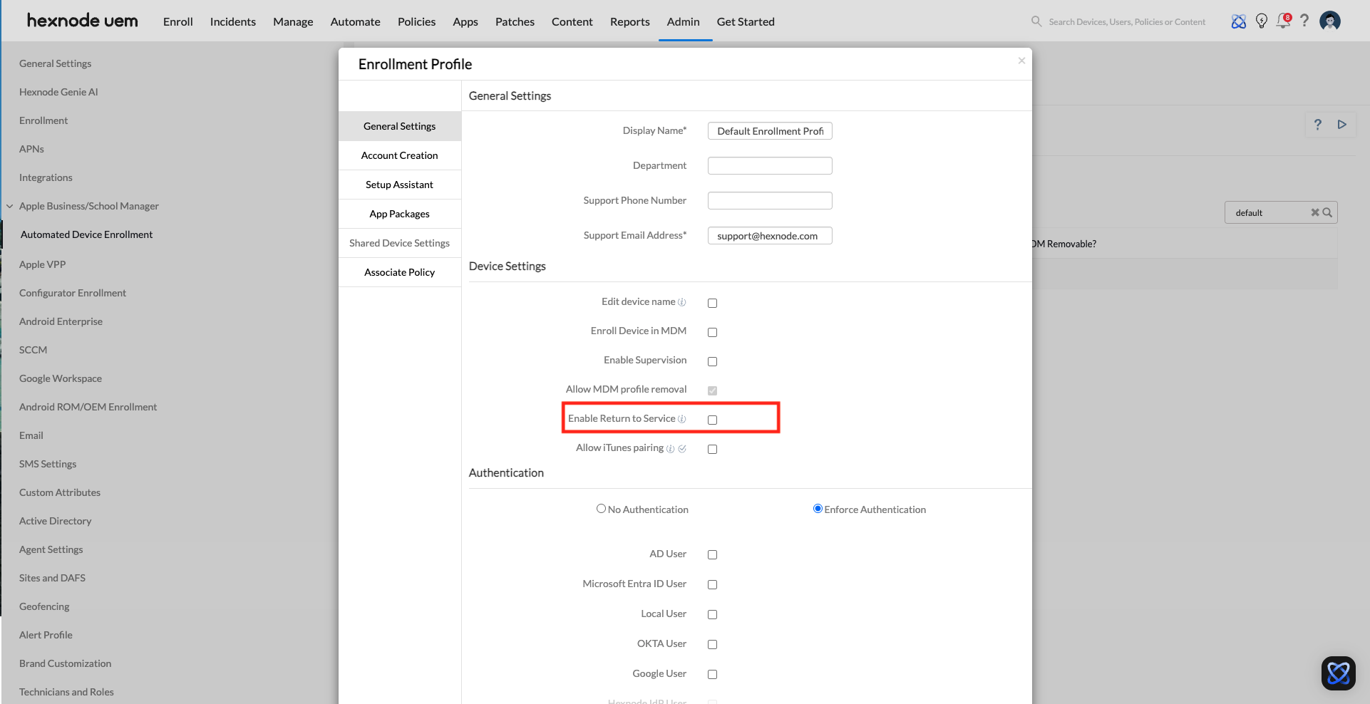 return to service disabled but still showing - check enrollment profile