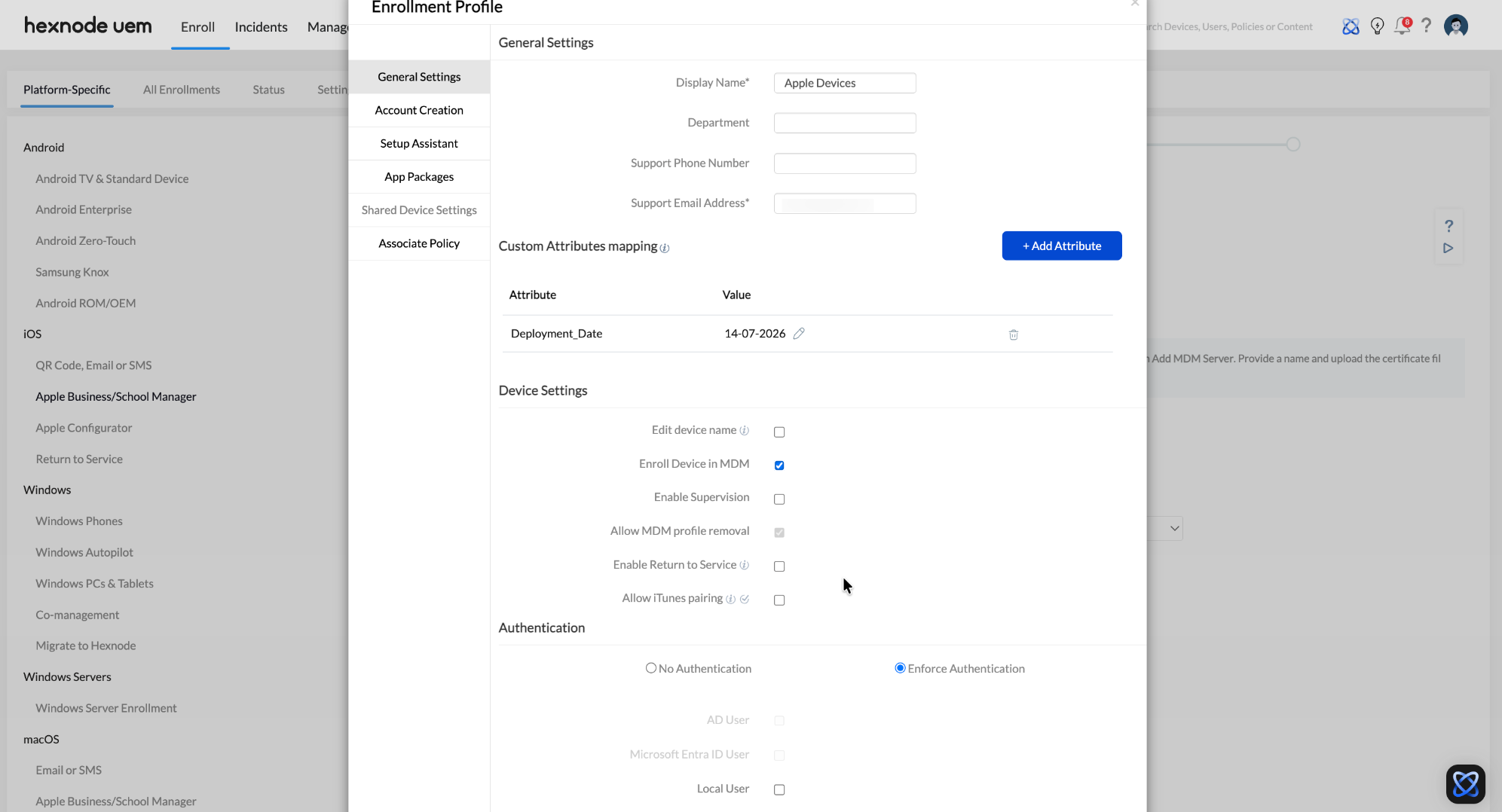 General Settings for an ADE enrollment profile in Hexnode UEM Screenshot of the Hexnode UEM console showing the General Settings tab while creating an ADE enrollment profile. This interface is accessed by navigating from the Enroll menu to Platform-Specific and selecting Apple Business/School Manager to access the Enrollment Profiles section for zero-touch configuration.