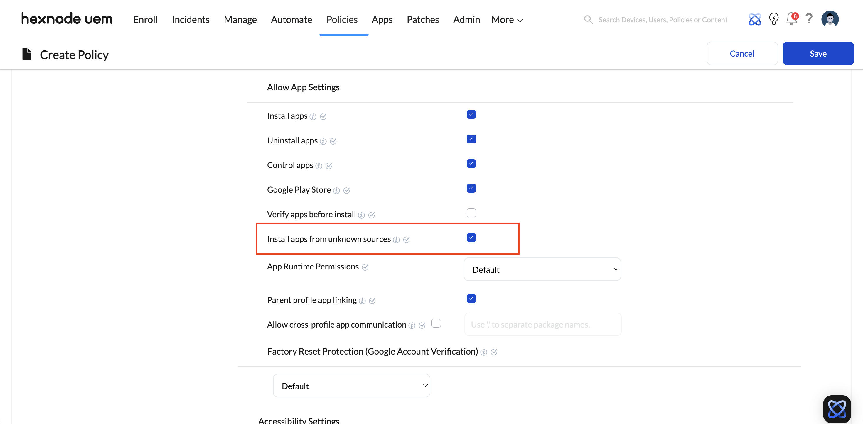 Screenshot of the Hexnode UEM console showing the 'Install apps from unknown sources' restriction in Android that allows APK install under Policies tab
