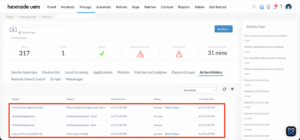 Screenshot of device Action History under Manage tab in Hexnode UEM displaying the execution status of the app uninstallation action.