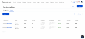 Screenshot of automation Reports under Automate tab in Hexnode UEM displaying the consolidated deployment status of the app uninstallation action.