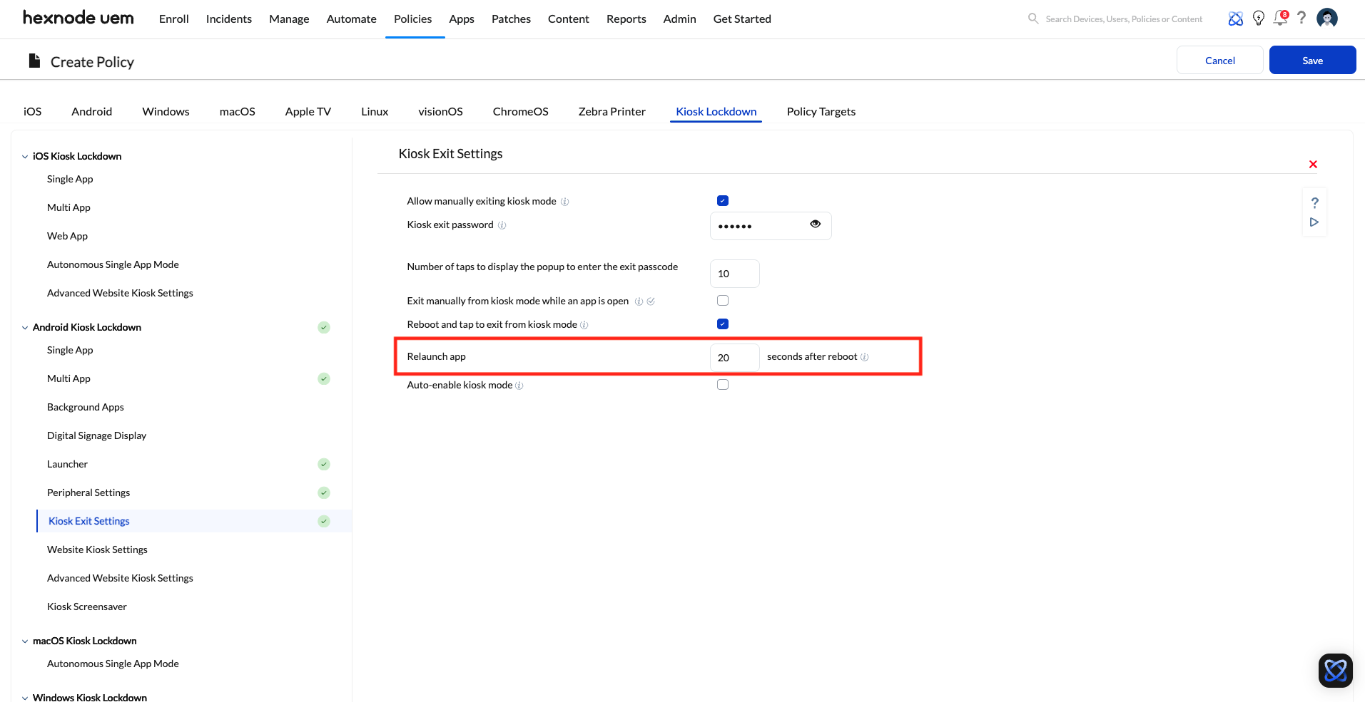 check kiosk exit settings to fix android kiosk launch delay