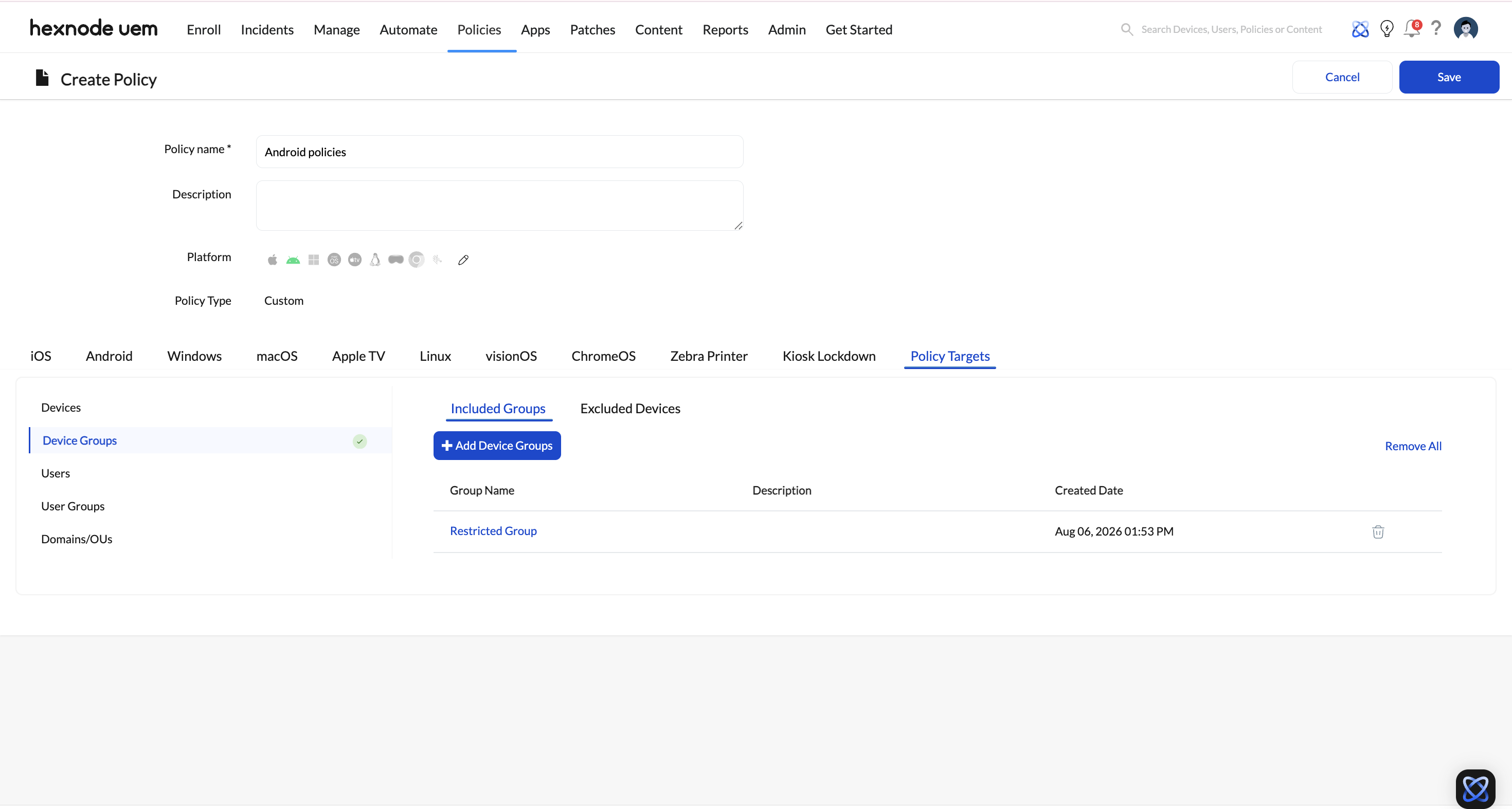 Screenshot of Hexnode UEM dashboard showing associating policies with Dynamic Device Group in the Policies tab.