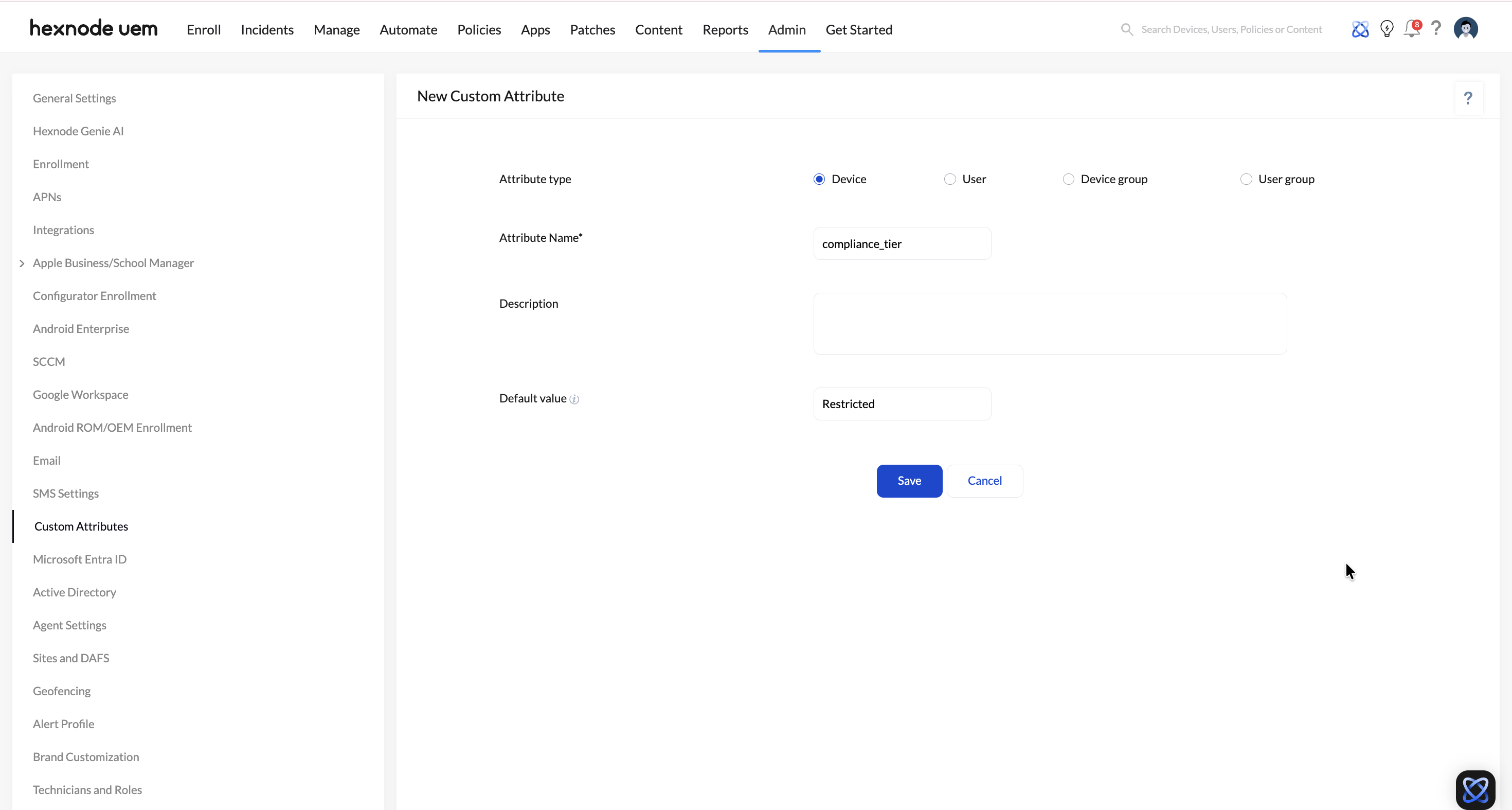 Screenshot of Hexnode UEM dashboard showing Custom Attribute creation from the Admin tab.