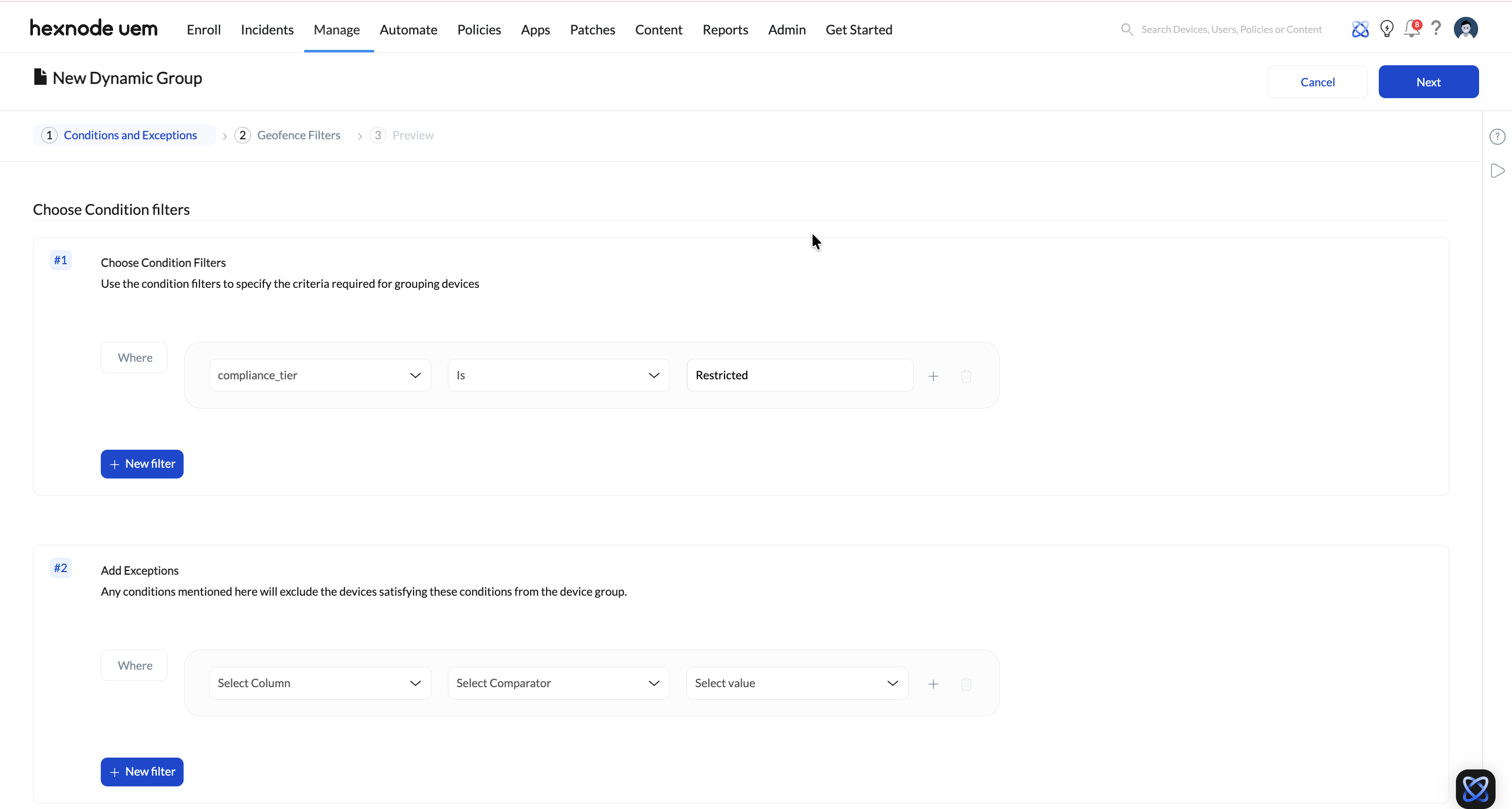 Screenshot of Hexnode UEM dashboard showing creating Dynamic Device Group from the Manage tab.