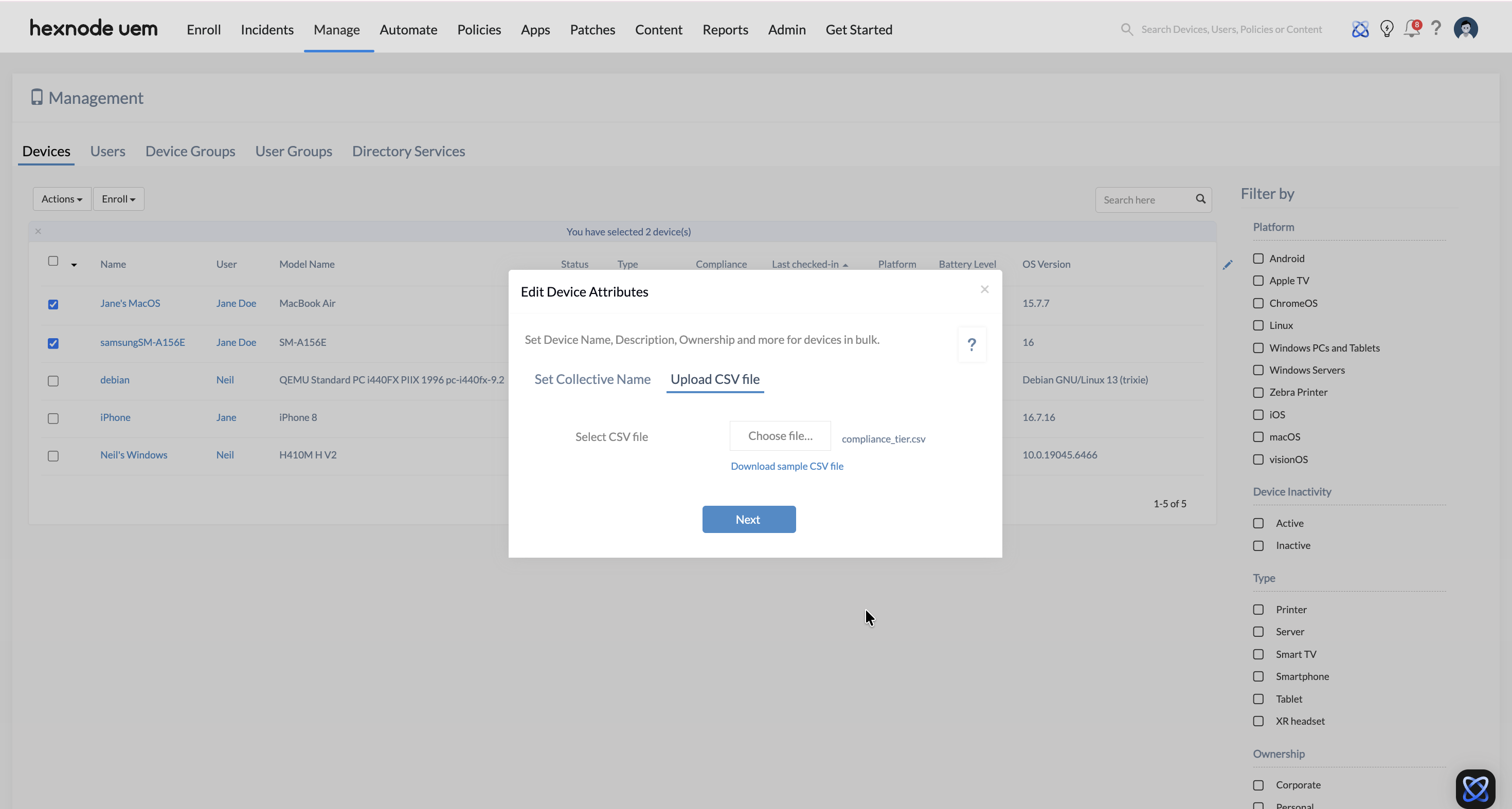 Screenshot of Hexnode UEM dashboard showing Edit Device Attribute remote action from Actions in Manage tab.