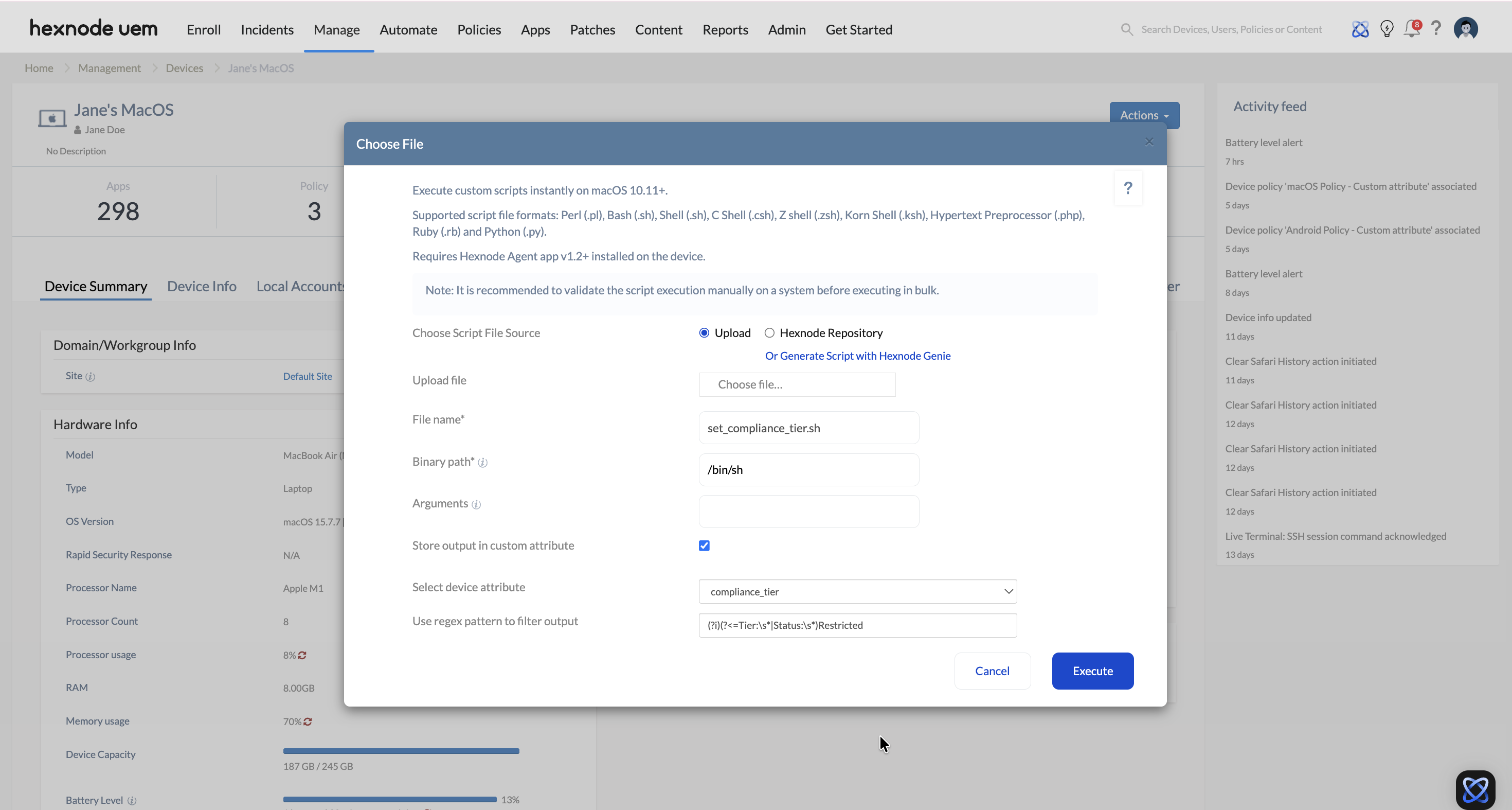 Screenshot of Hexnode UEM dashboard showing Execute Custom Script remote action from Actions in Manage tab.