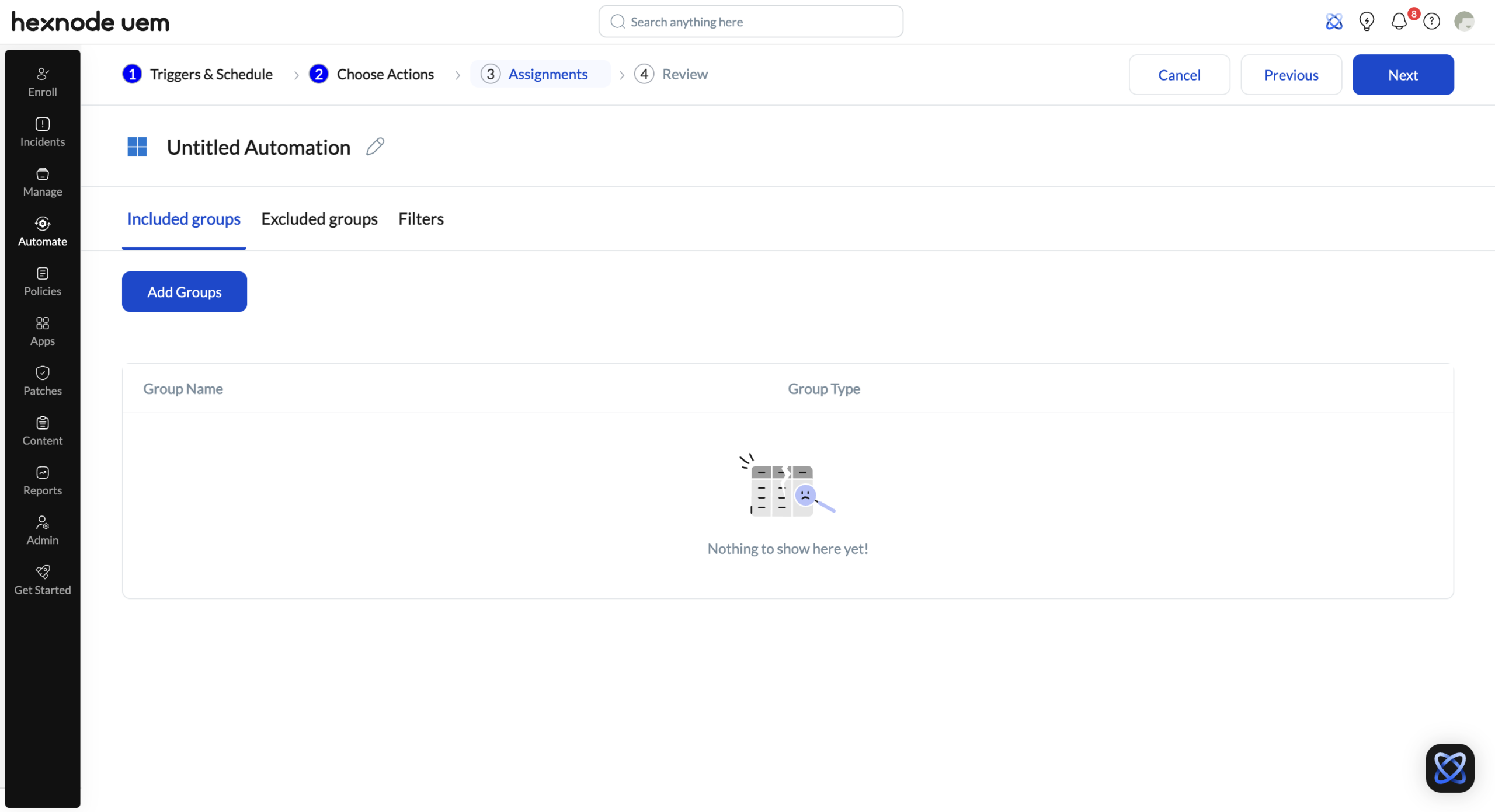 Screenshot of Hexnode UEM portal displaying Assignments section in the automation configuration for patch deployment.