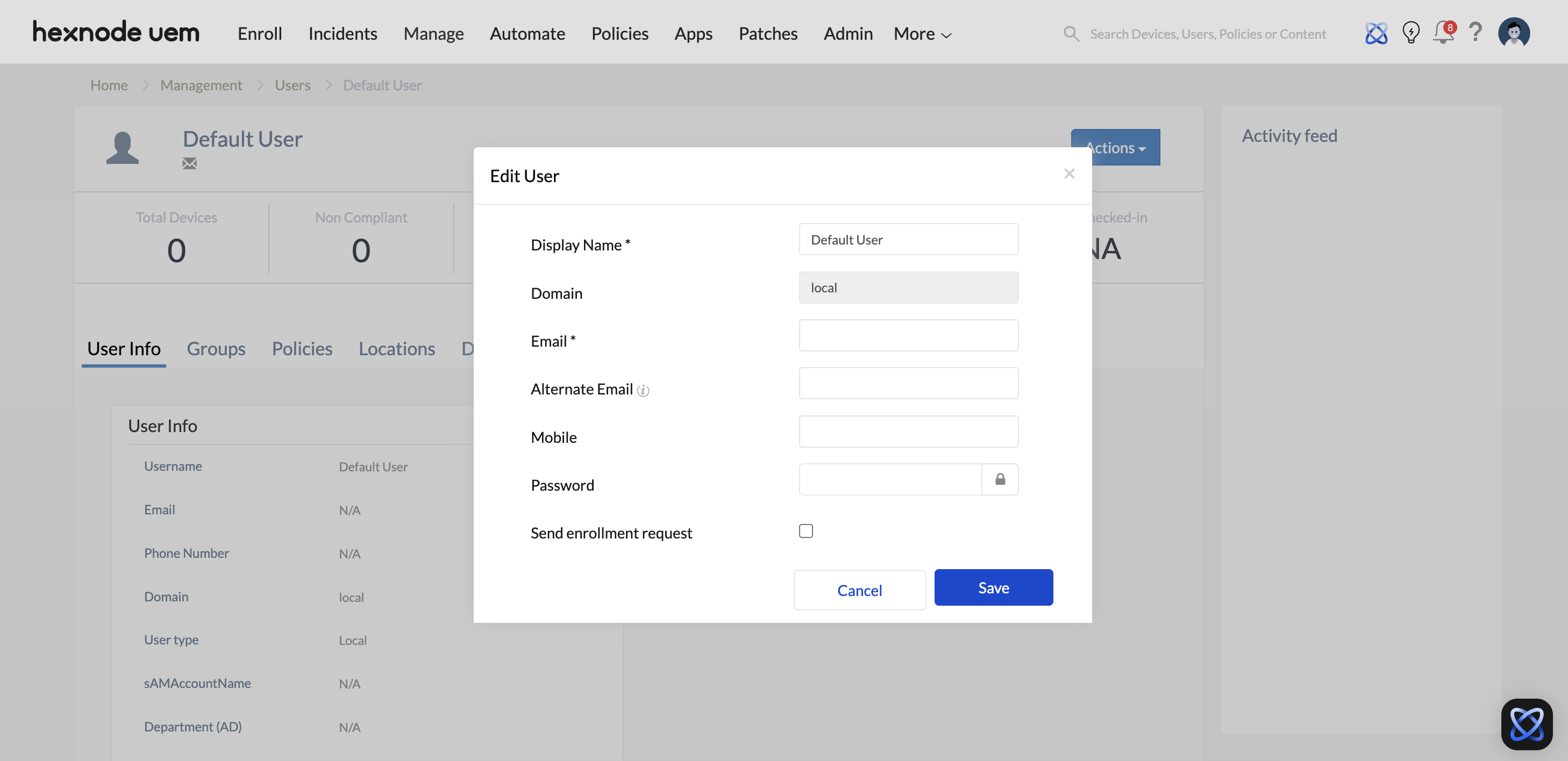 Screenshot of the Hexnode UEM console showing the Edit User action under Manage tab located between Incidents and Automate tab