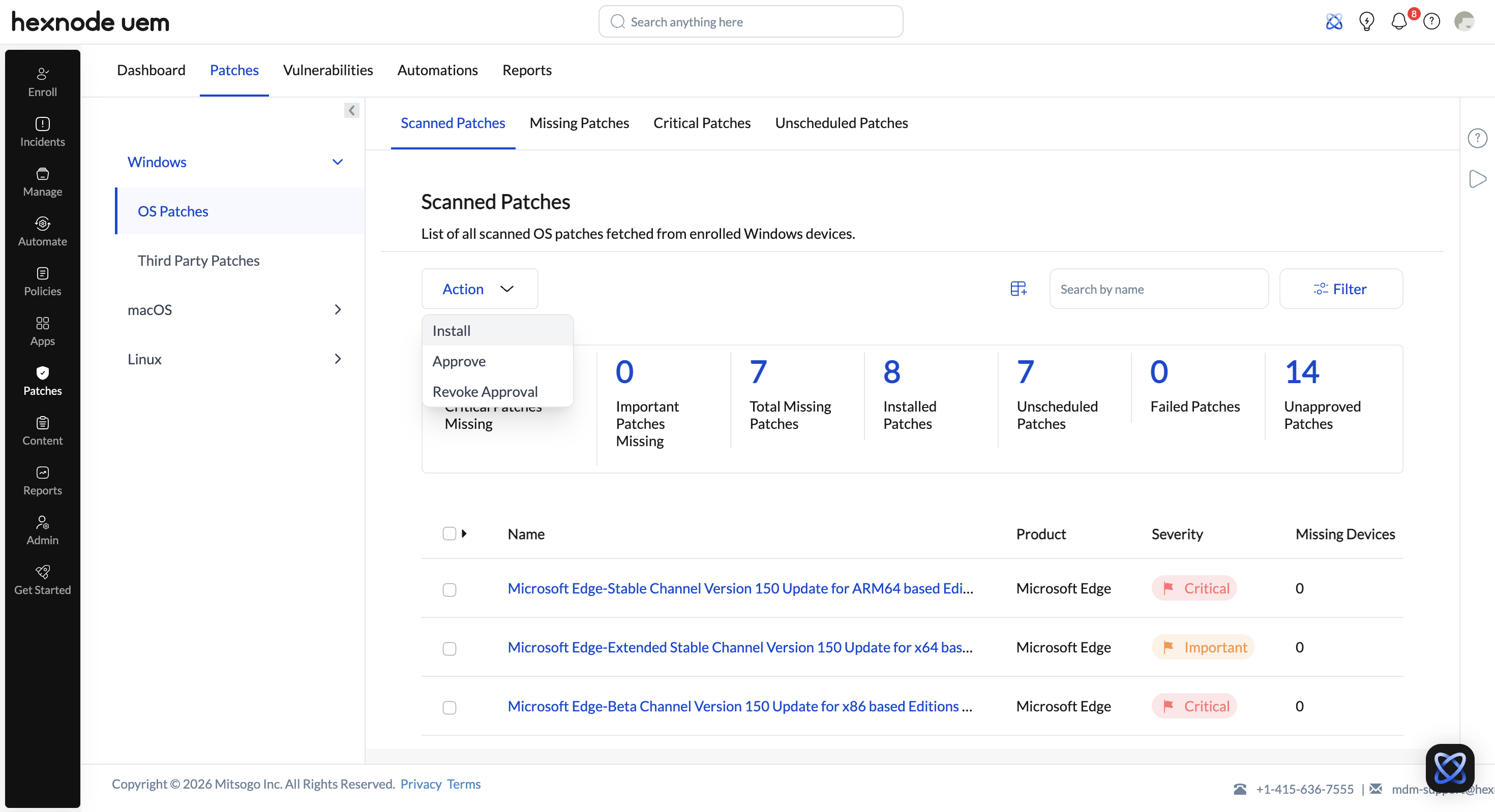 Screenshot of Hexnode UEM portal displaying the Install action in the Patches tab