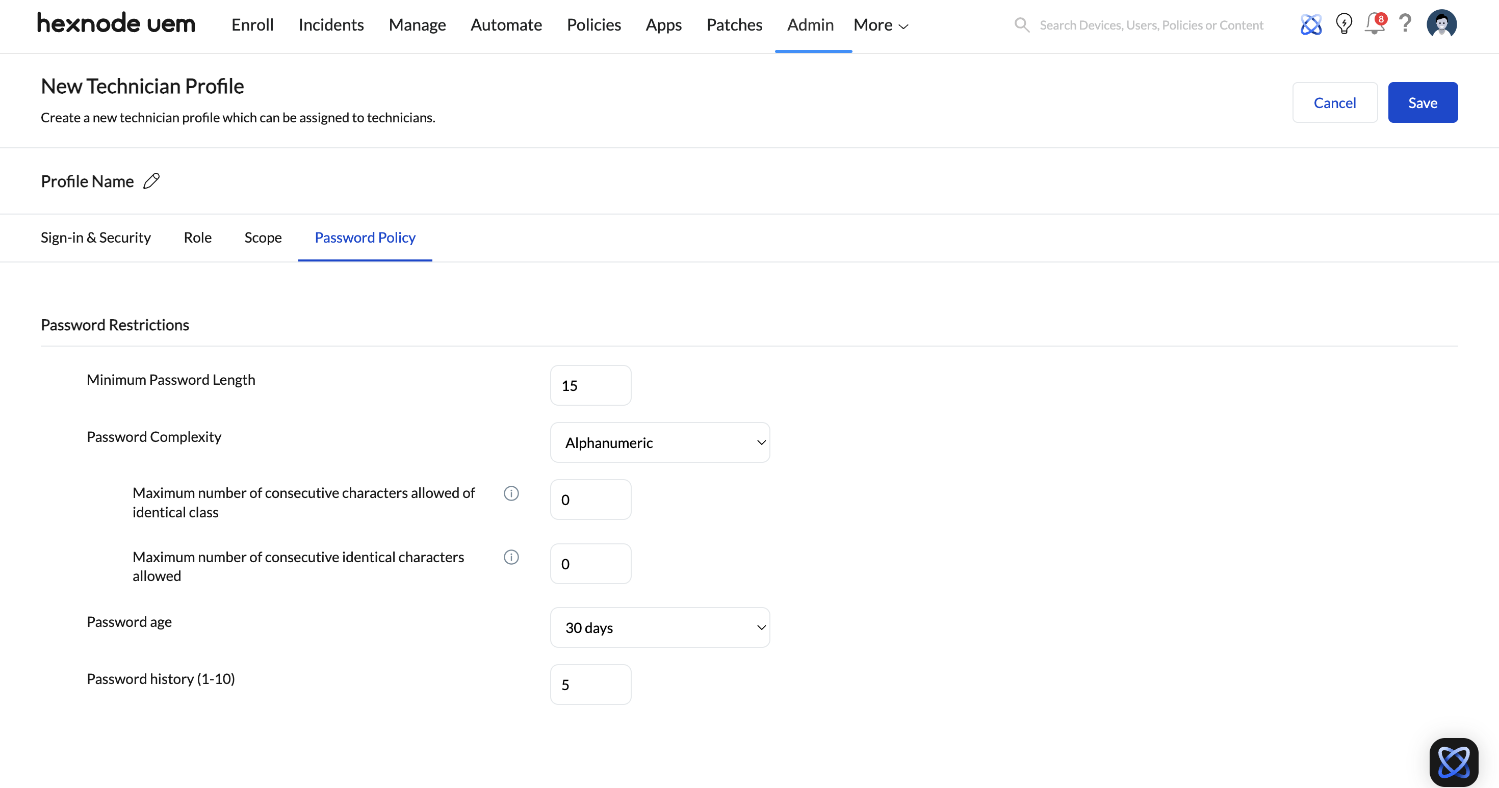 Screenshot of Hexnode UEM dashboard displaying the Password Policy settings in a technician profile.