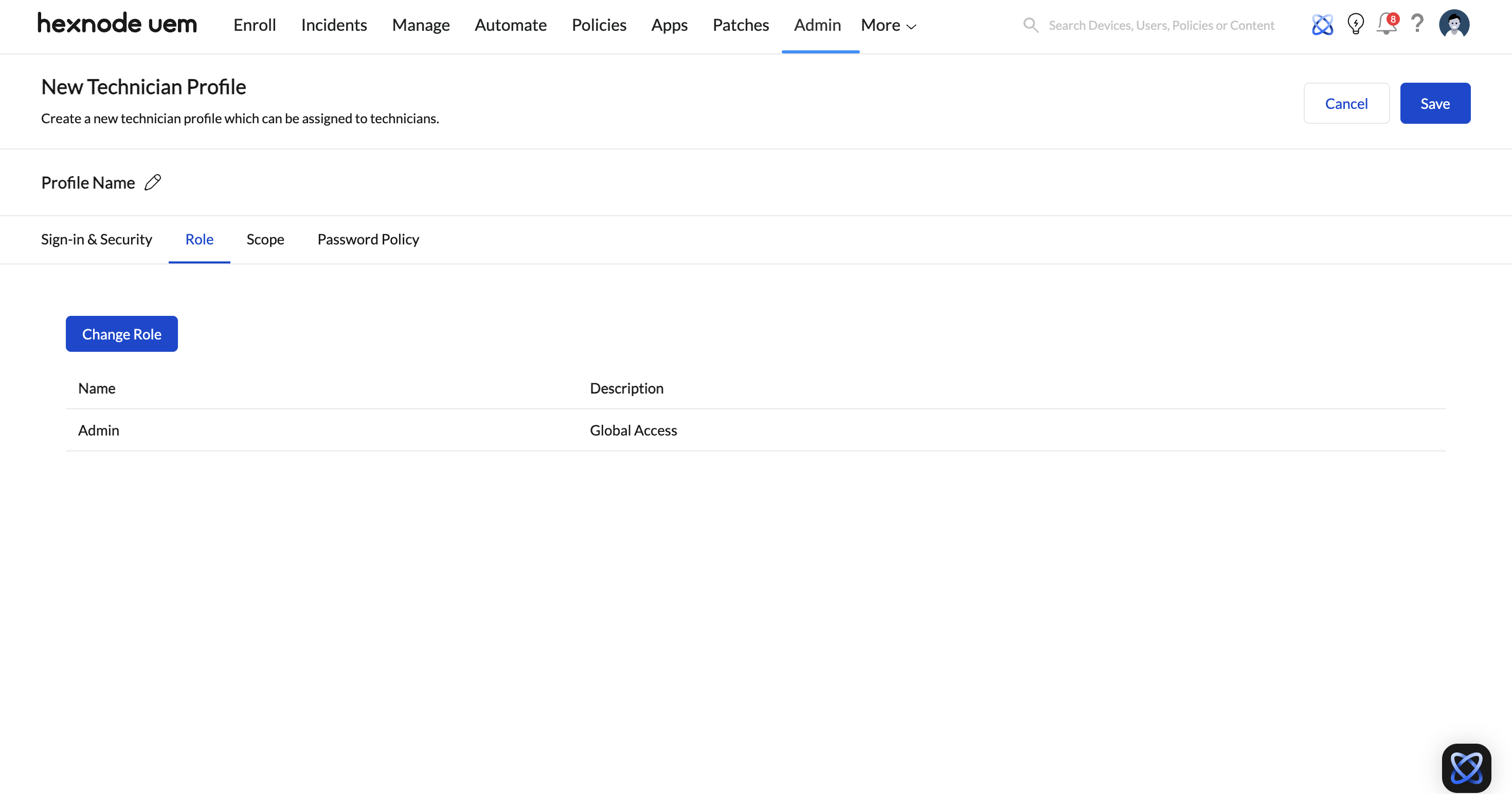 Screenshot of Hexnode UEM dashboard displaying the Role settings in a technician profile.