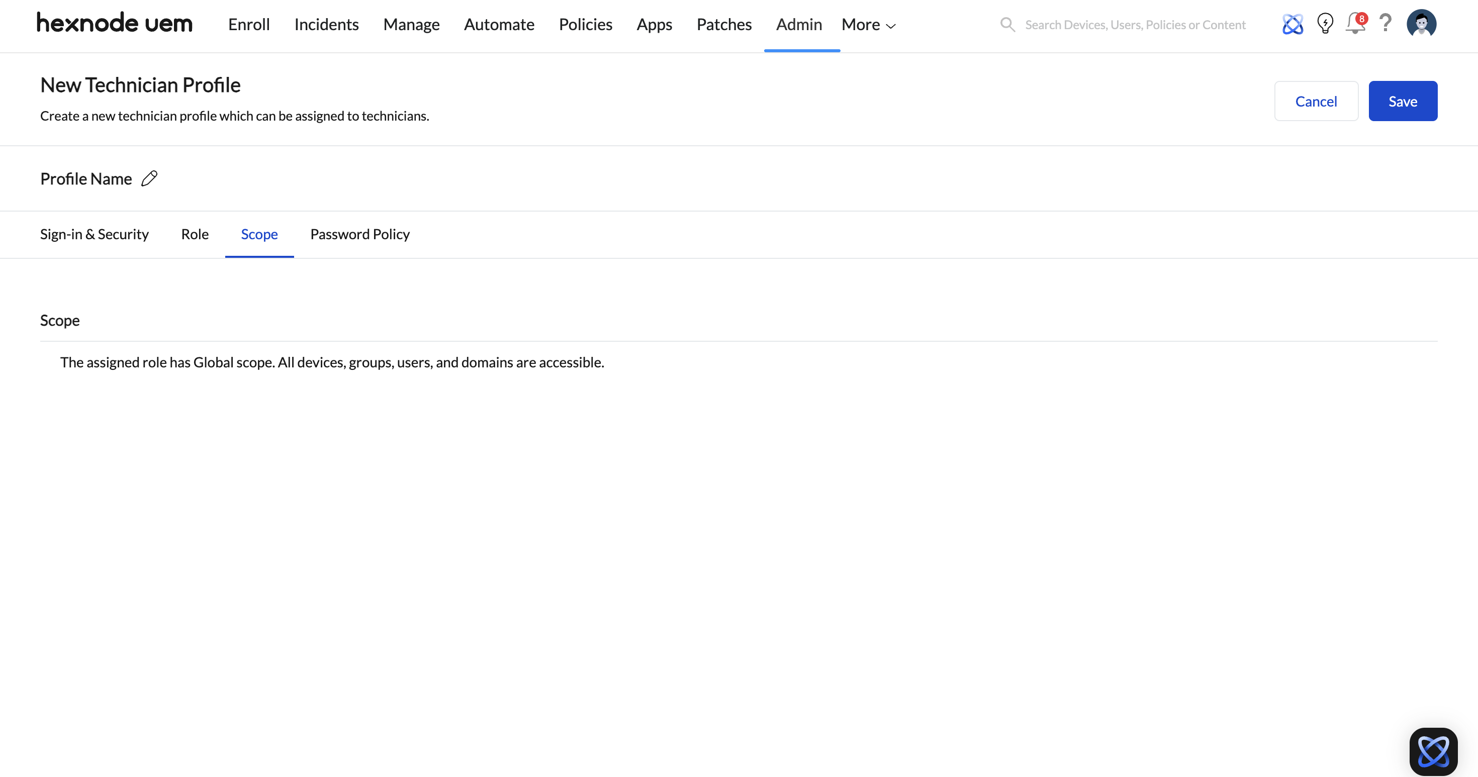 Screenshot of Hexnode UEM dashboard displaying the Scope section in a technician profile.