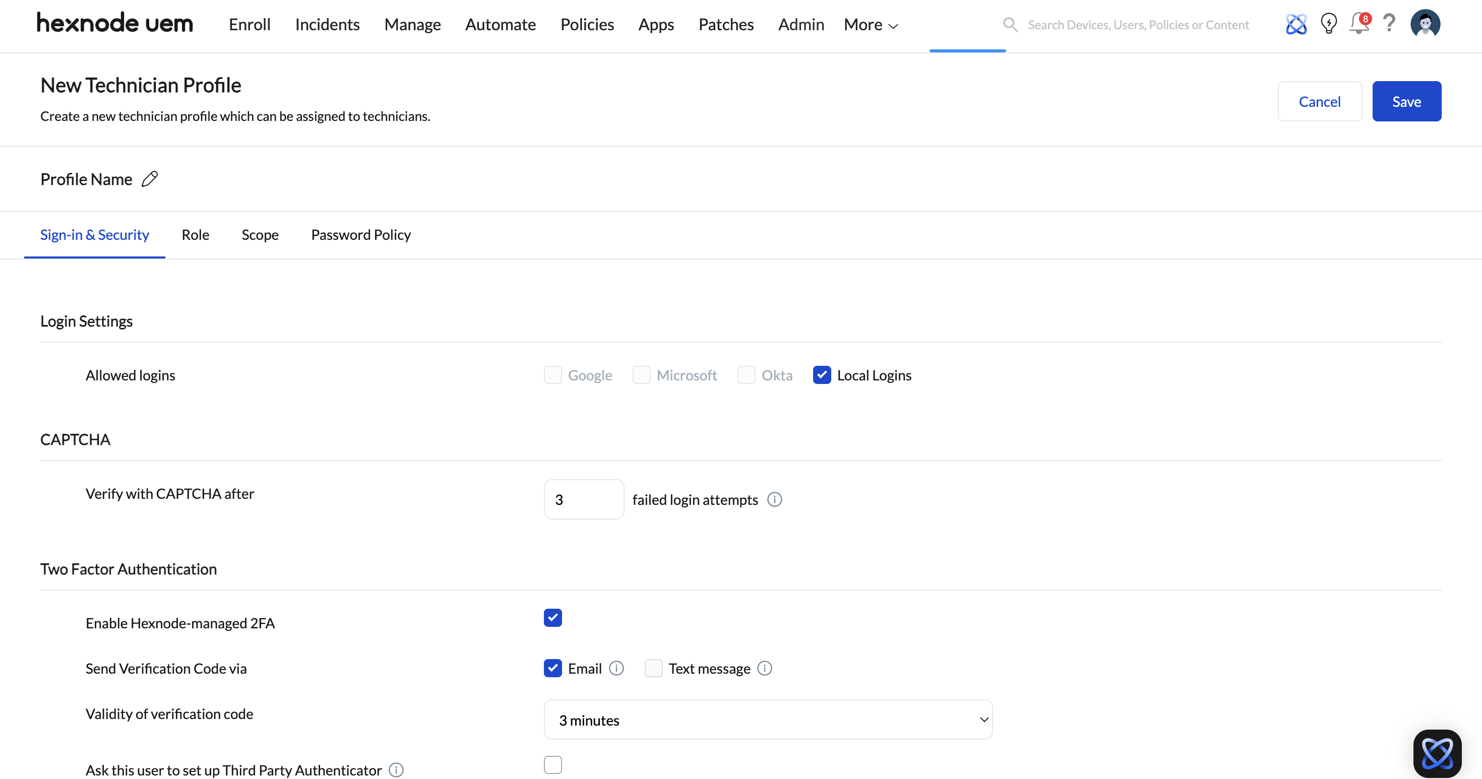 Screenshot of Hexnode UEM dashboard displaying the Sign-in and Security settings in a technician profile.