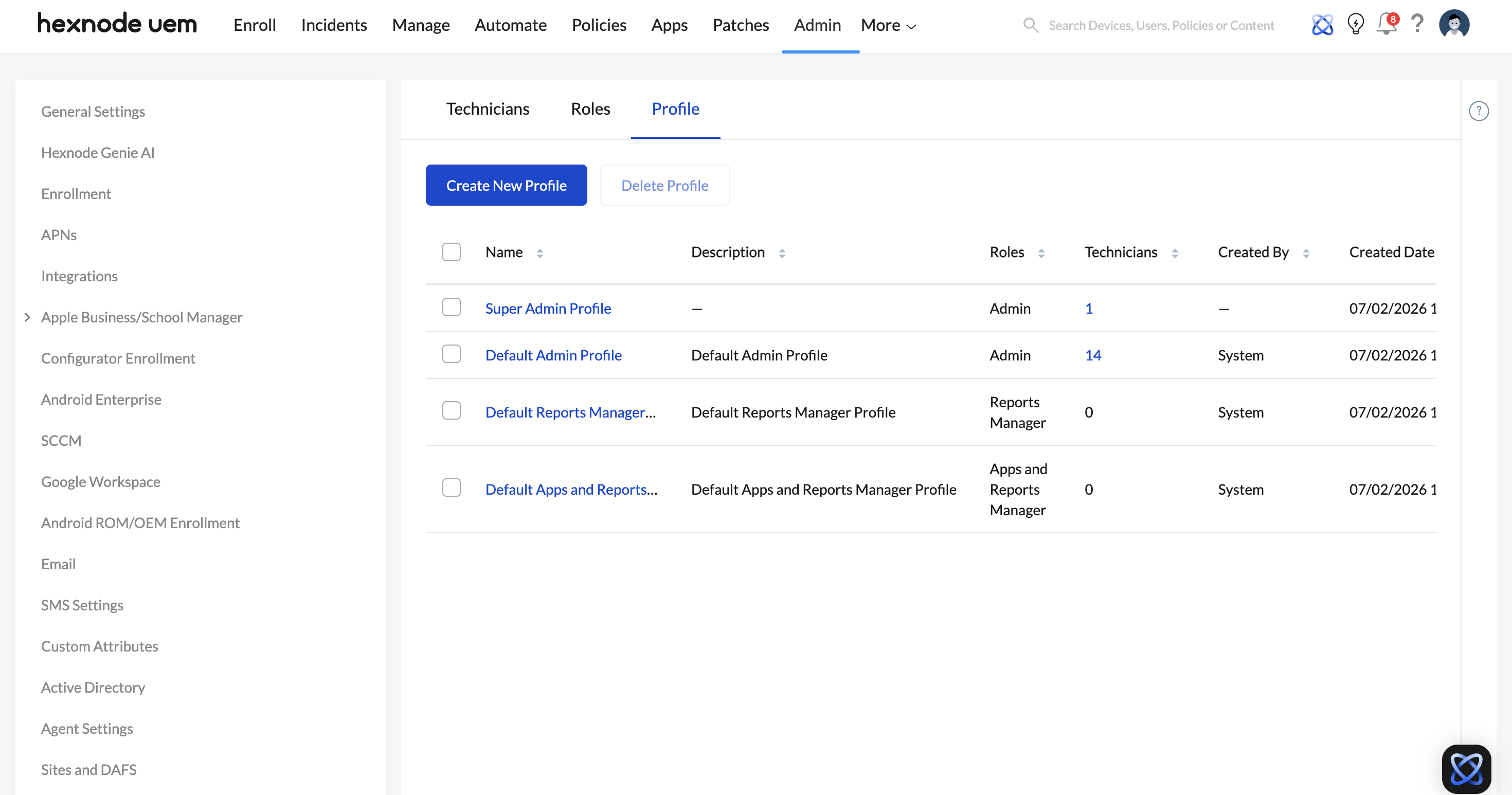 Screenshot of Hexnode UEM dashboard displaying the Profile tab under Technicians and Profiles in the Admin tab.